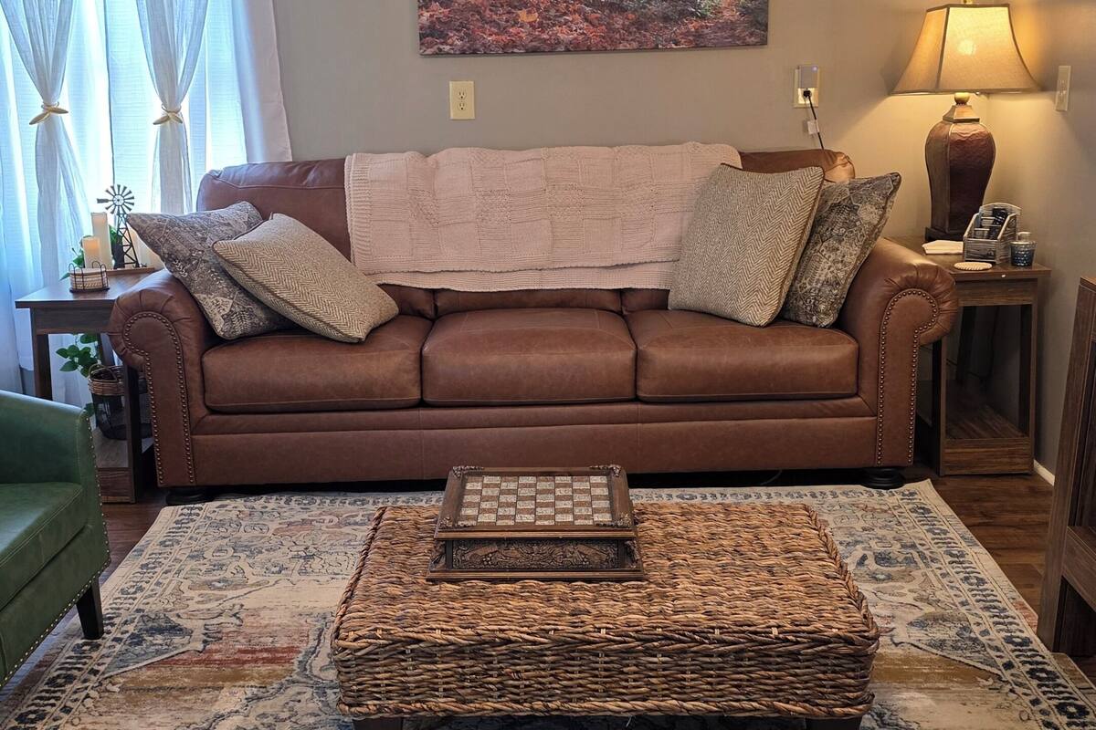 Ein Wohnzimmer mit einem braunen Sofa, einem gemusterten Teppich, einem Schachbrett und einem Bild von einem Wald.