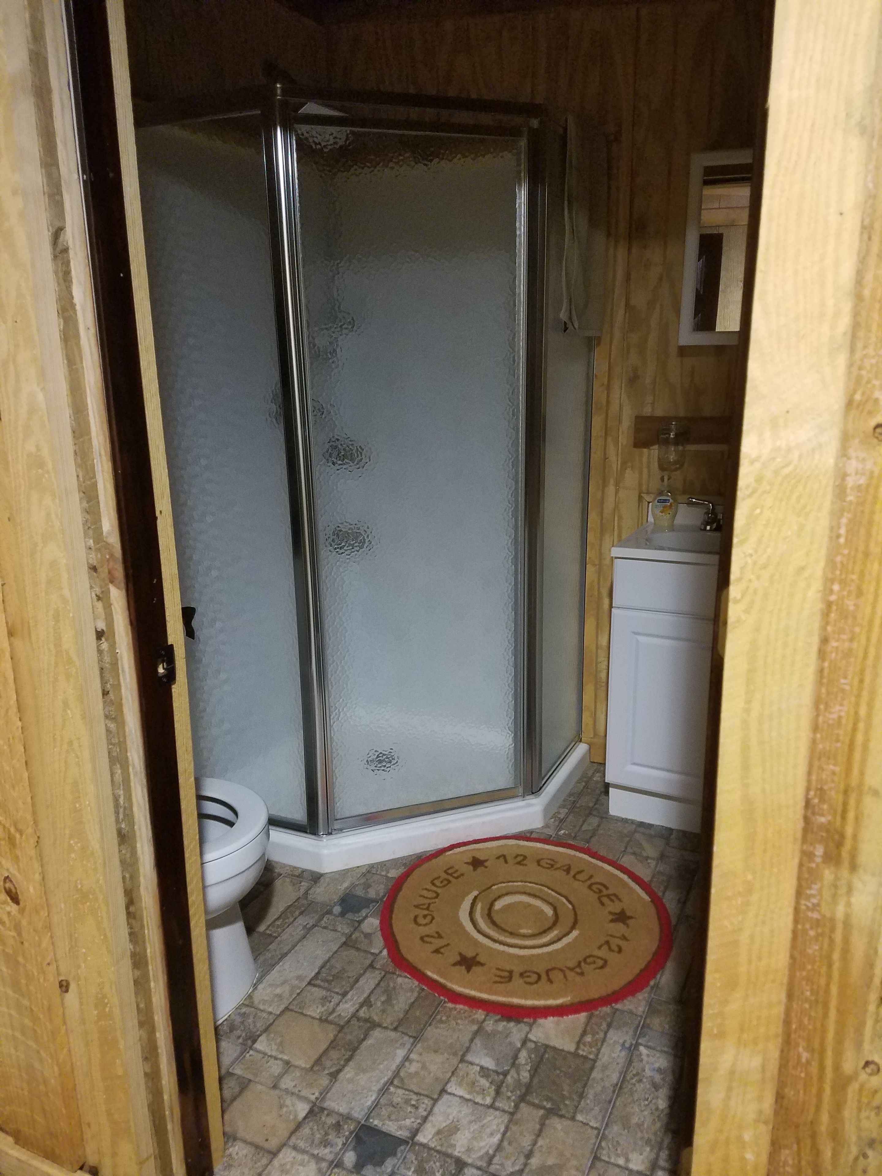 A bathroom with a glass shower enclosure, a toilet, a sink, and a patterned rug.