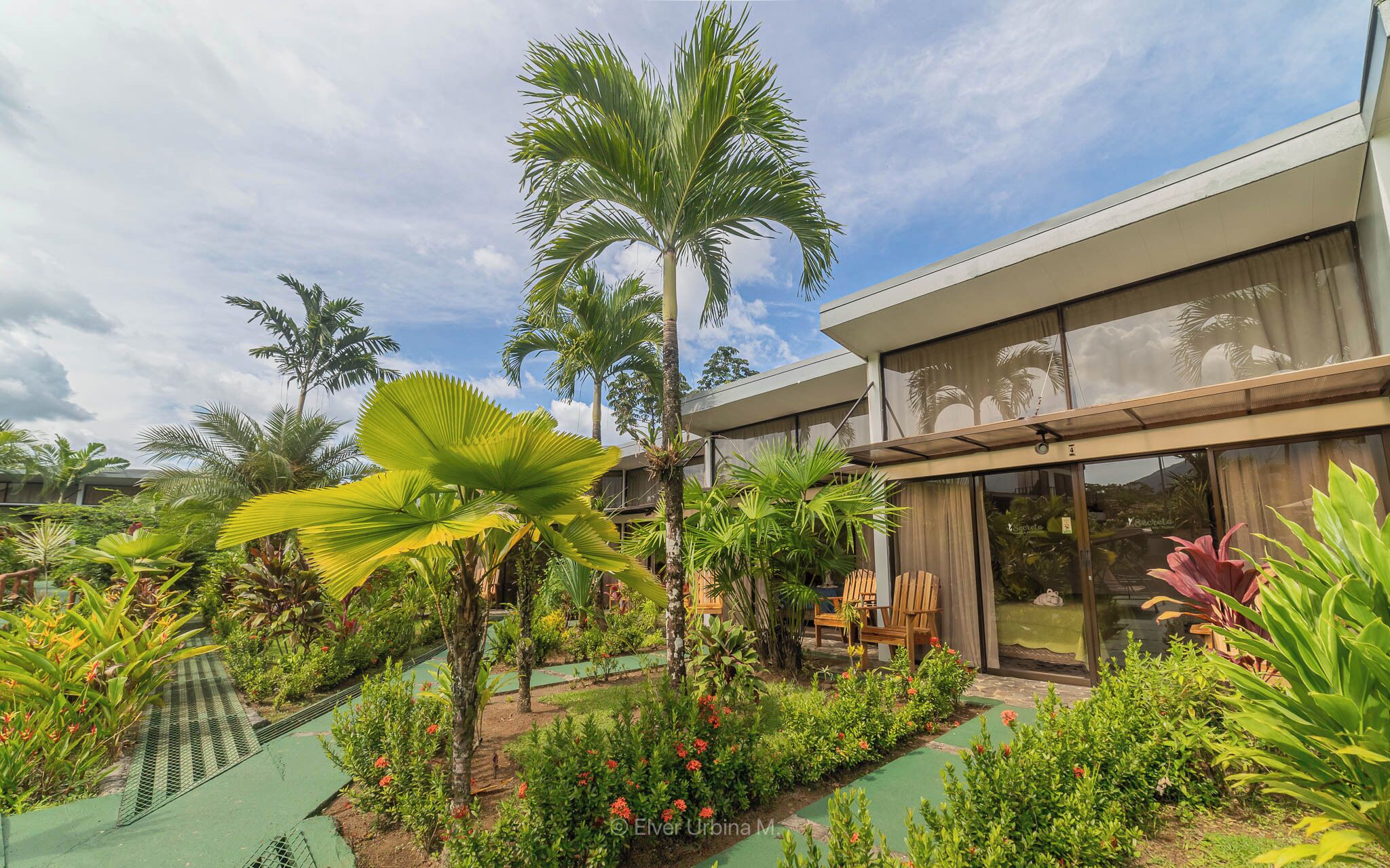 A modern building with a glass facade, surrounded by lush tropical plants and a small outdoor seating area.