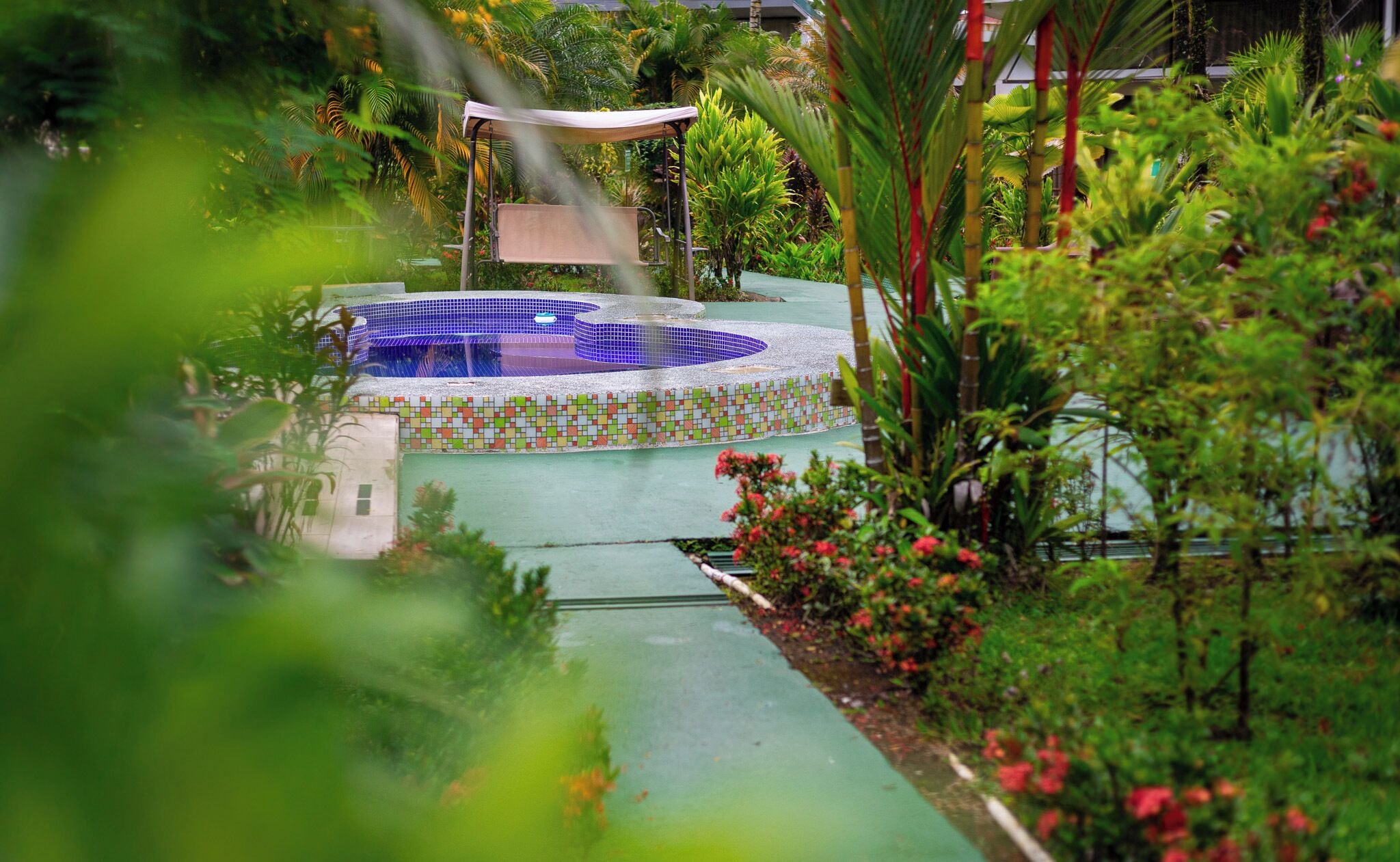 A circular pool with a mosaic tile border, surrounded by lush greenery and a covered seating area.