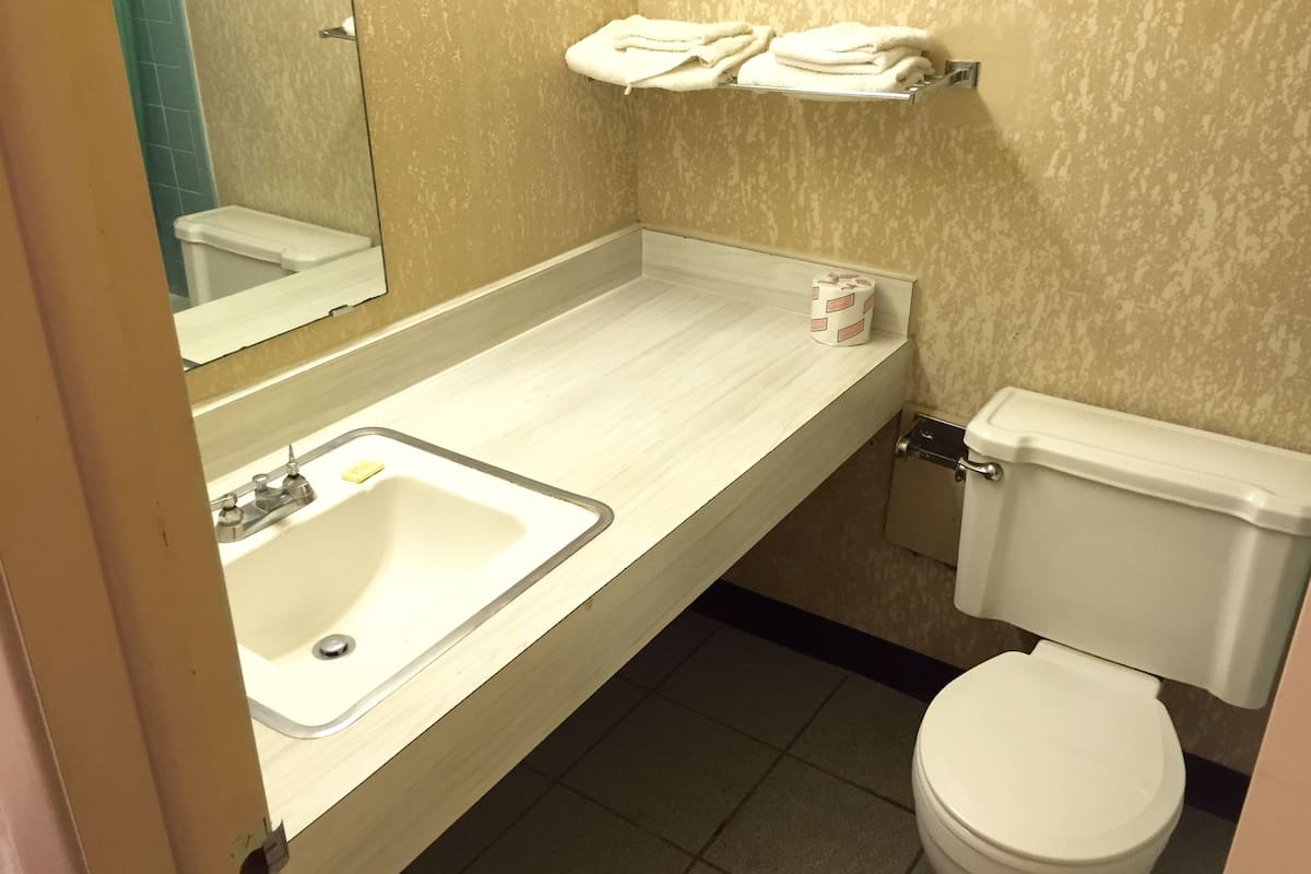 Une salle de bain avec un lavabo, des toilettes et un porte-serviettes.
