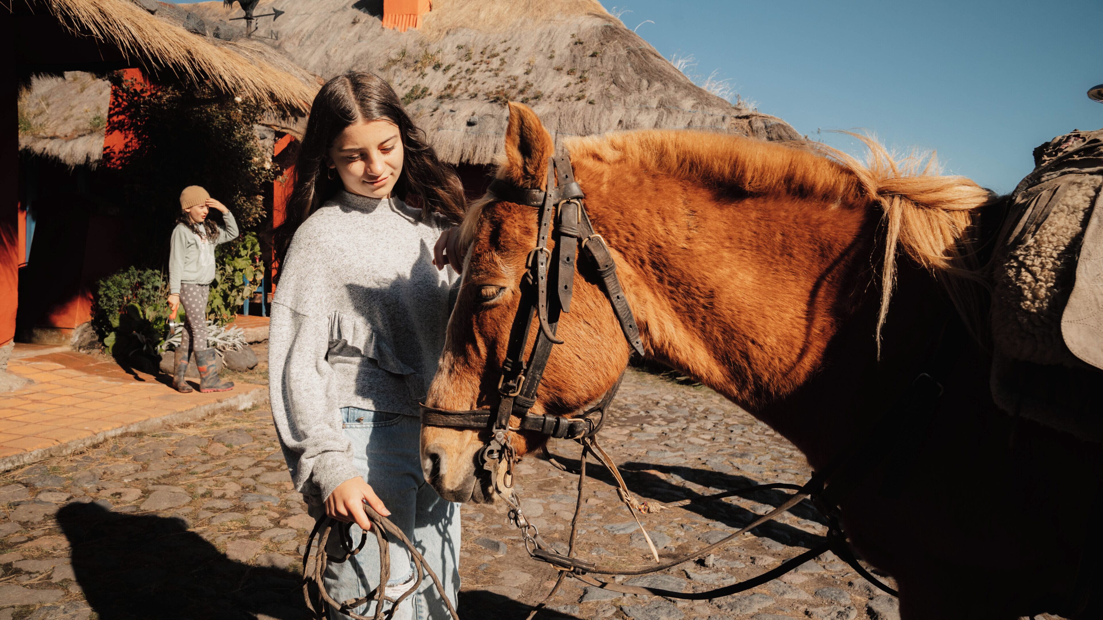 Una persona guiando un caballo con arnés, de pie sobre un camino adoquinado con una construcción de techo de paja al fondo.
