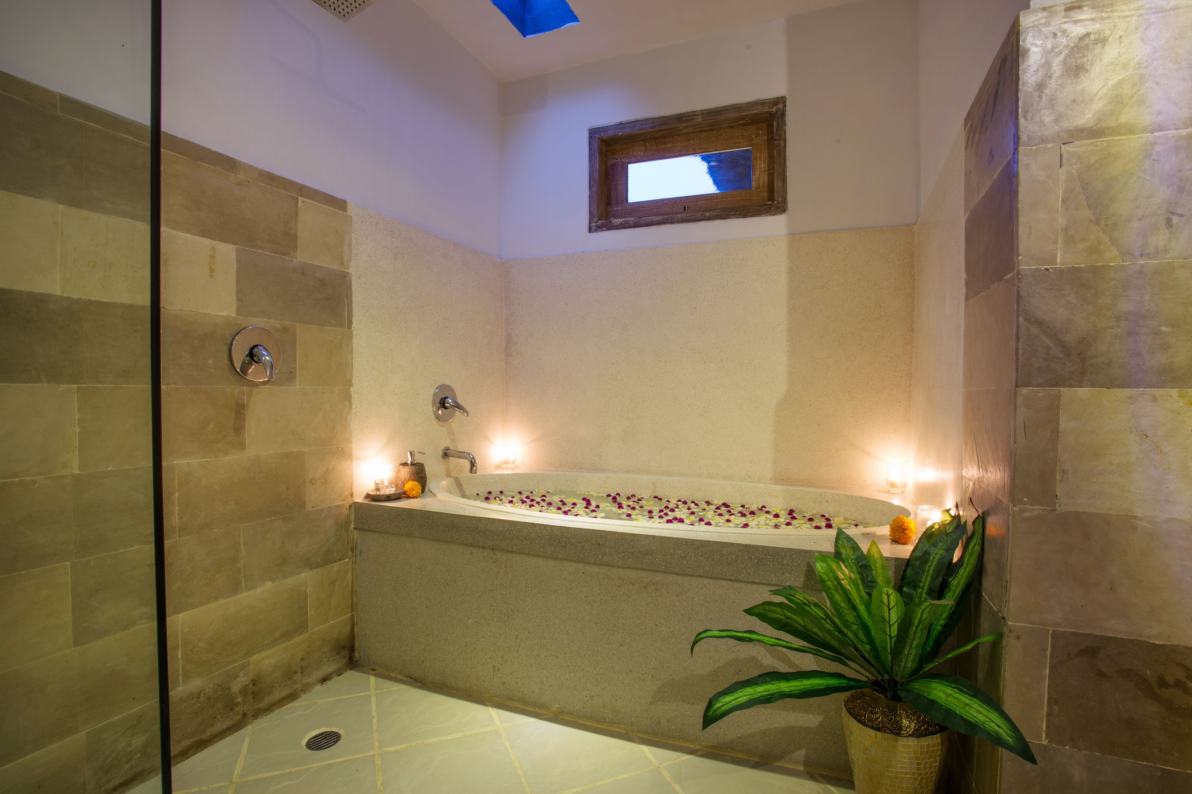 Un baño moderno con una bañera independiente, un ventanal pequeño y una planta en maceta.