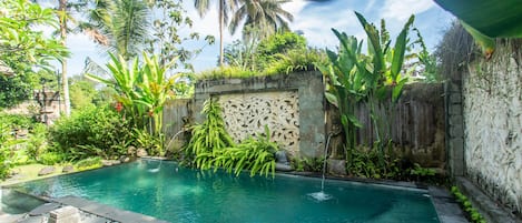 Piscina retangular com borda de pedra, rodeada por plantas tropicais exuberantes e uma parede de pedra decorativa.