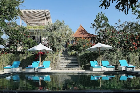 Outdoor pool, sun loungers