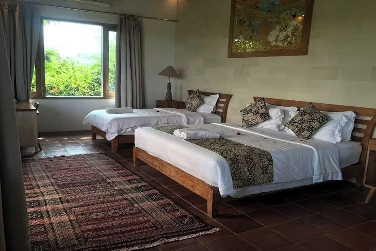 A room with two beds, a large window with curtains, a rug, and a painting on the wall.