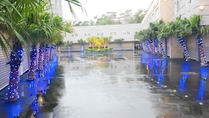 A wet courtyard with palm trees and buildings in the background. - Beckham Motel (Taoyuan City)