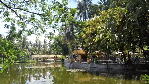 A serene riverside setting with a traditional building, a concrete walkway, and lush greenery. - Amandari Cove (General Santos)