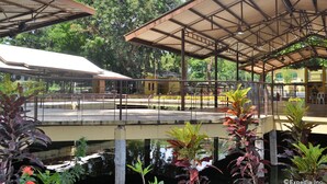 A covered outdoor area with a metal roof, a concrete walkway, and a water feature below. - Amandari Cove (General Santos)