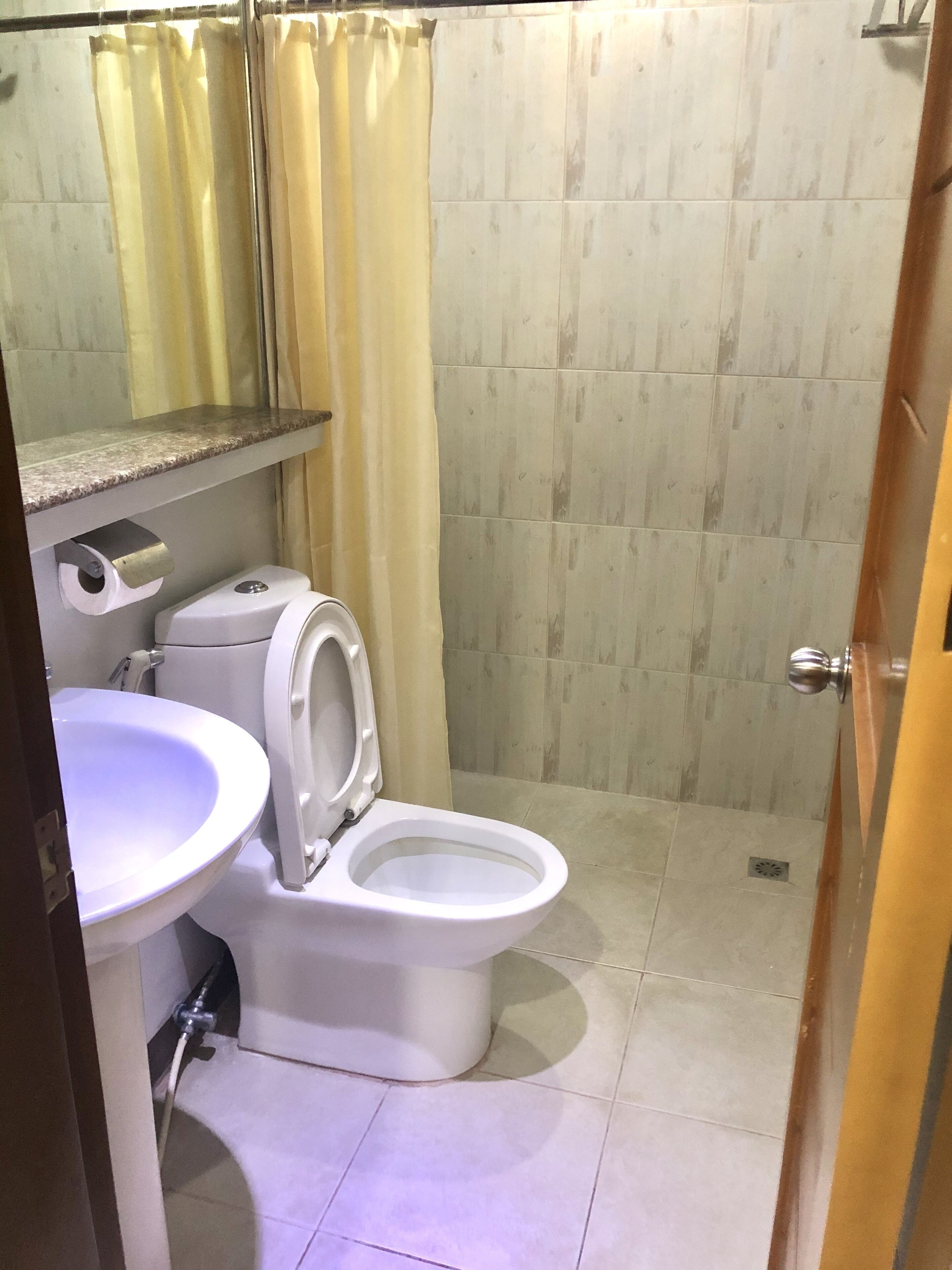 A bathroom with a toilet, sink, and shower curtain.