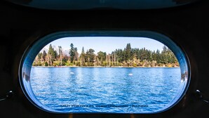 A view from an airplane window with a clear sky and a forested shoreline. - Pacific Jemm - Luxury Super Yacht (Queenstown)