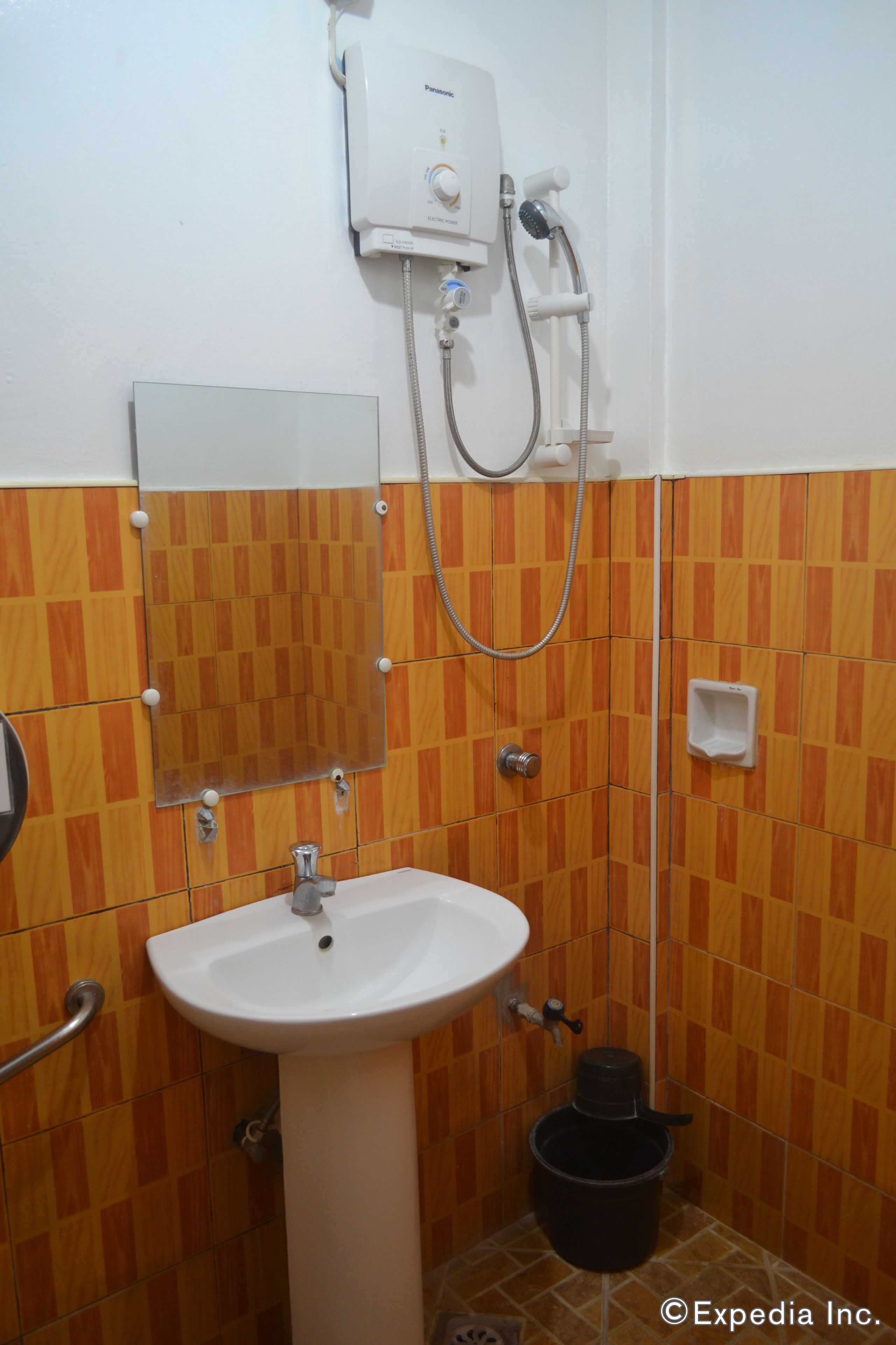 A bathroom with a white sink, a mirror, a handheld showerhead, and a black trash bin.