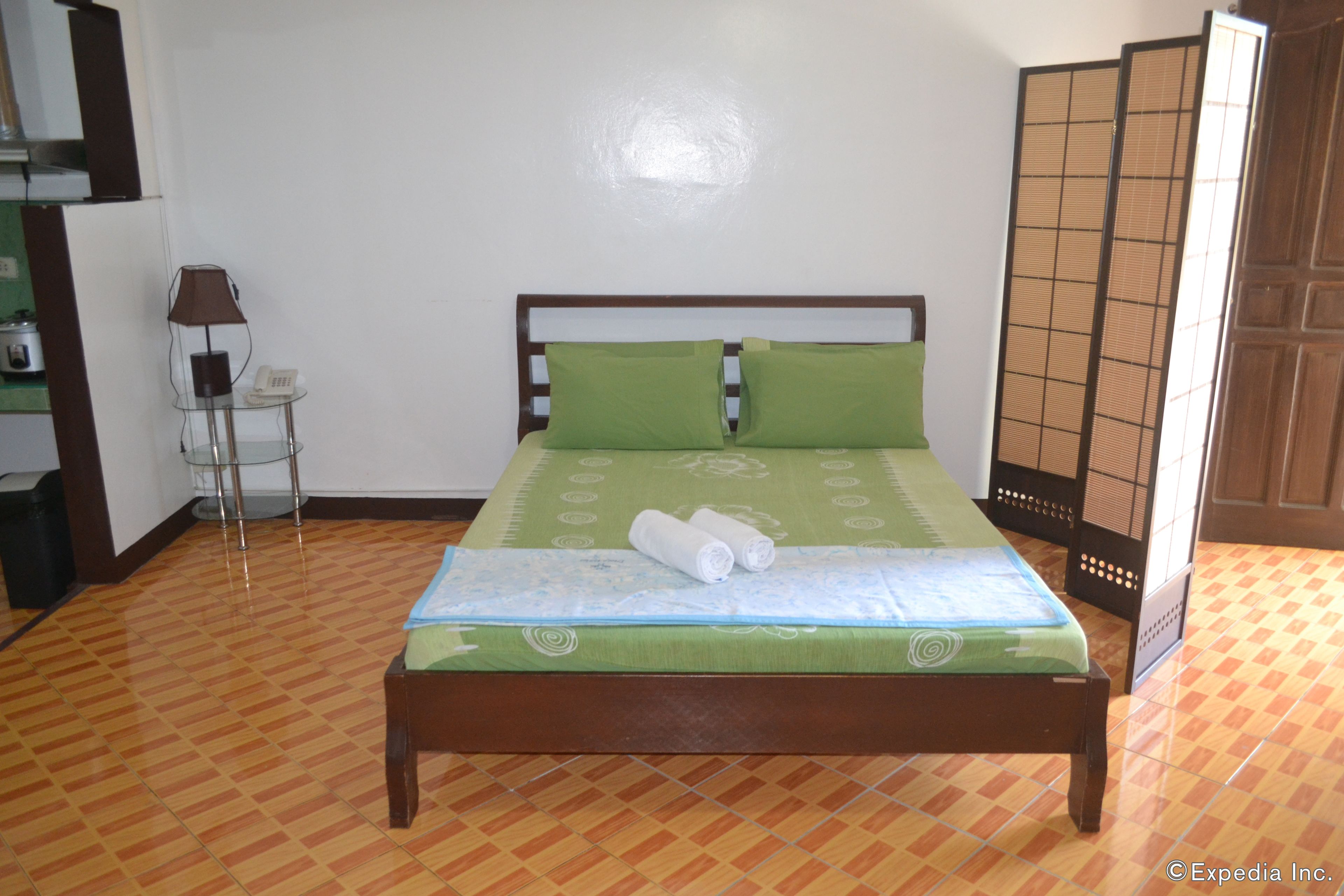 A bed with a green bedspread and pillows, a bedside table with a lamp and phone, and a traditional sliding door.