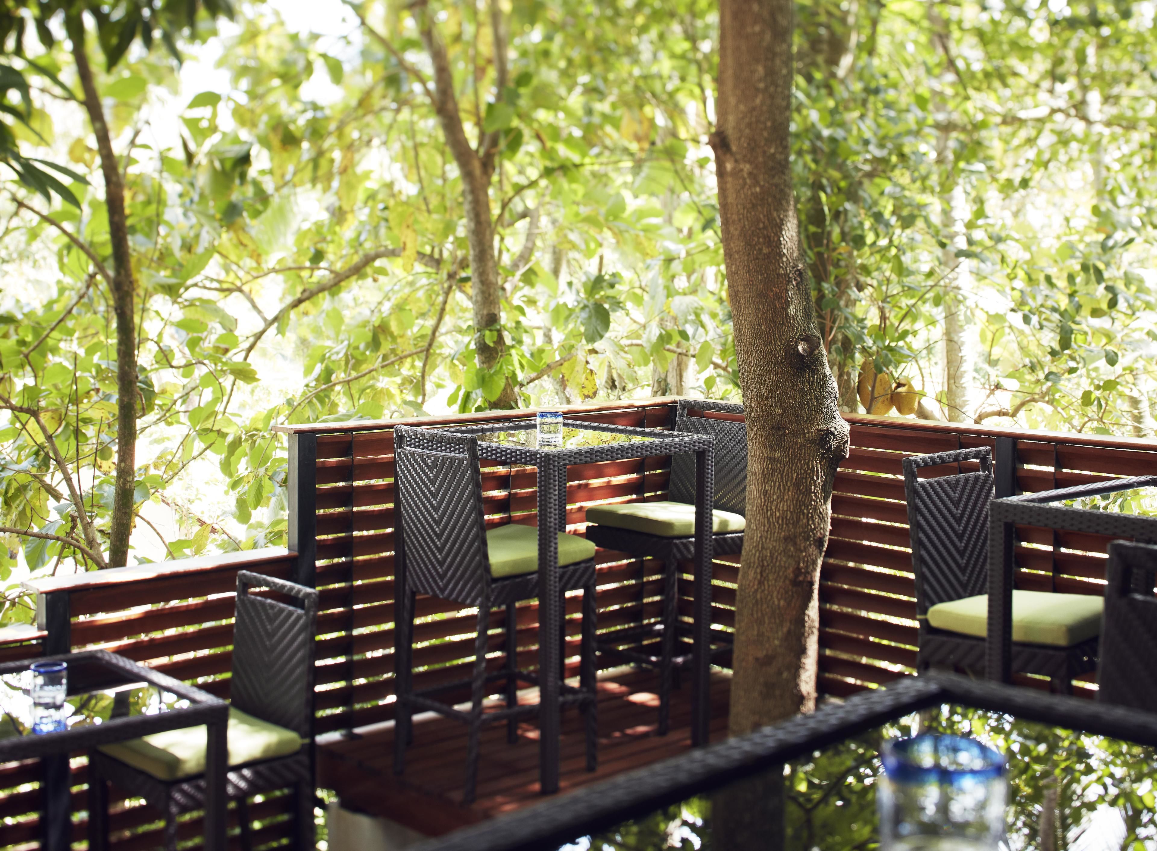 An outdoor seating area with wooden furniture and a glass table, surrounded by lush greenery.
