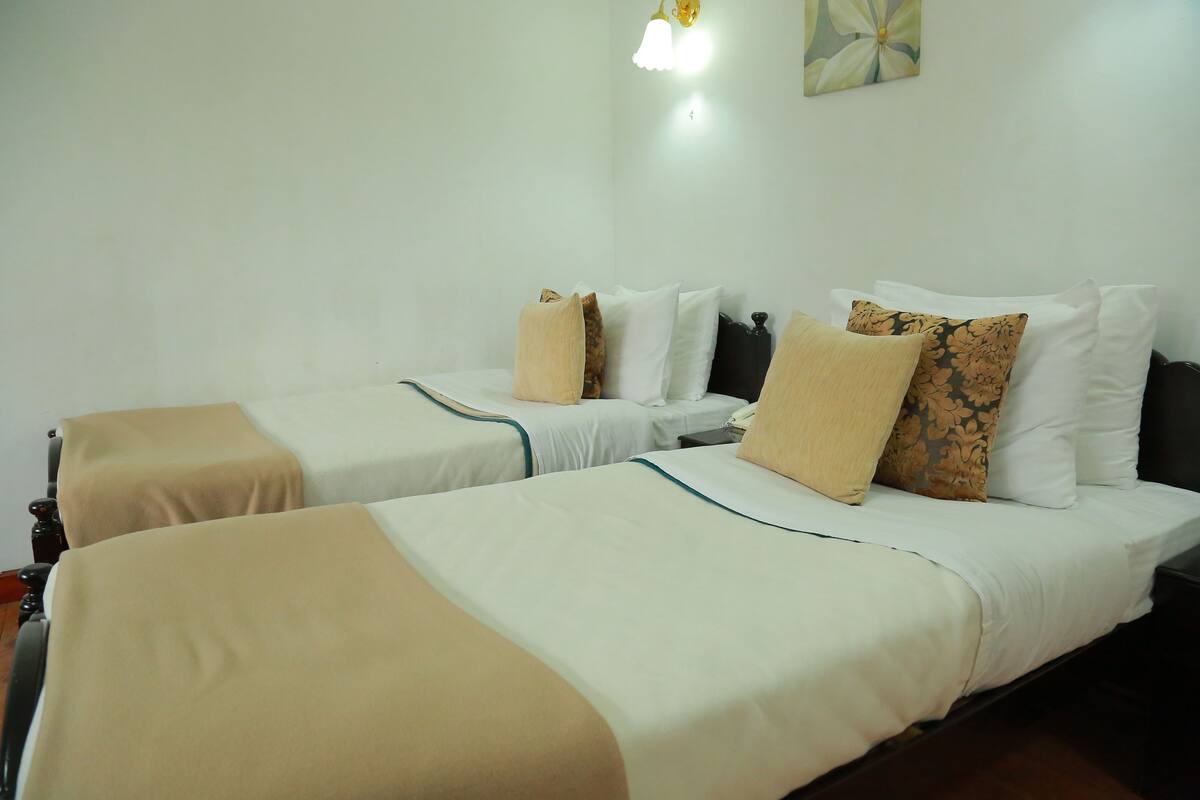 Une chambre d’hôtel avec deux lits, chacun agrémenté de draps blancs et de coussins décoratifs de couleur beige. Un luminaire est fixé au mur au-dessus des lits.