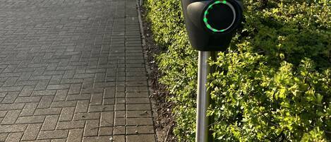 A parking meter with a digital display, located beside a paved walkway with a hedge.