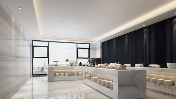 A modern hotel lobby with a marble reception desk, large windows with a city view, and a dark accent wall. - Paco Hotel Tiyuxilu Metro Guangzhou (Guangzhou)