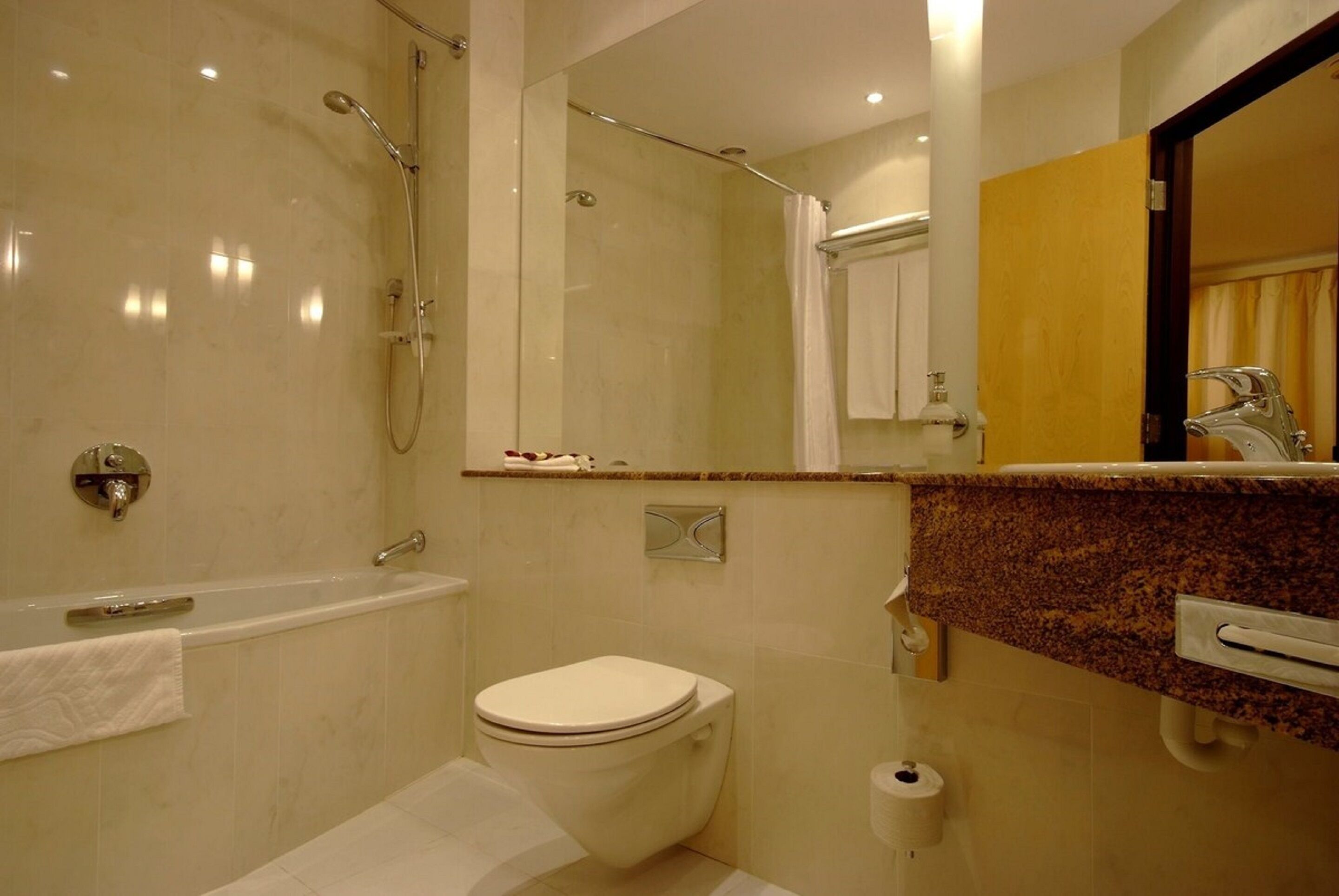 combined shower/bathtub, free toiletries, hair dryer, towels