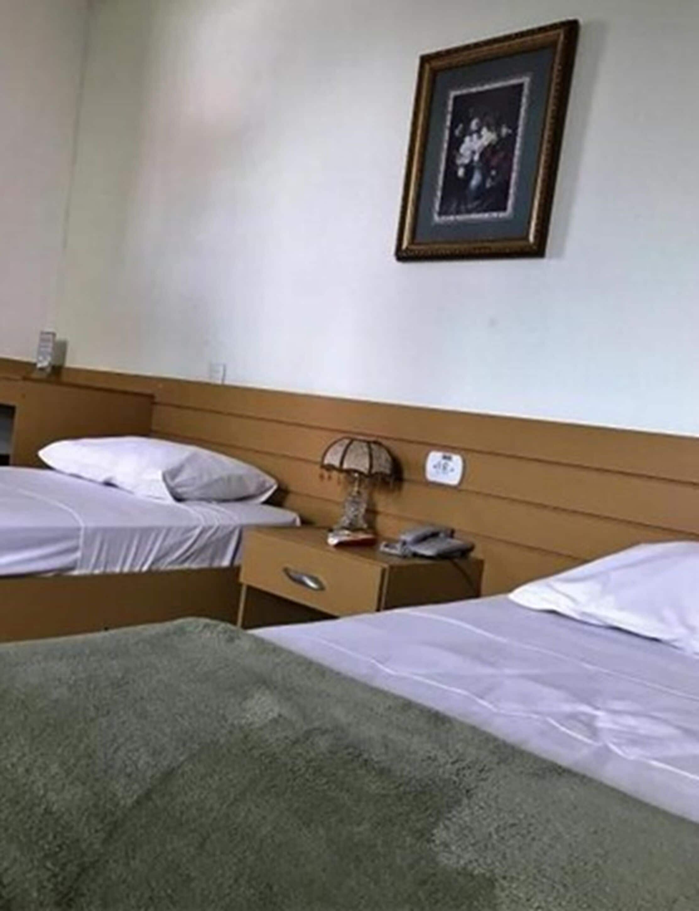 Una habitación de hotel con dos camas individuales, cabecera de madera, mesita de noche con lámpara, teléfono y un cuadro enmarcado en la pared.