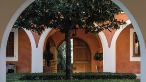 An arched corridor with a tree in the center, surrounded by neatly trimmed hedges and a wooden door at the end. - Villa Veneziano Lefkada (Lefkada)