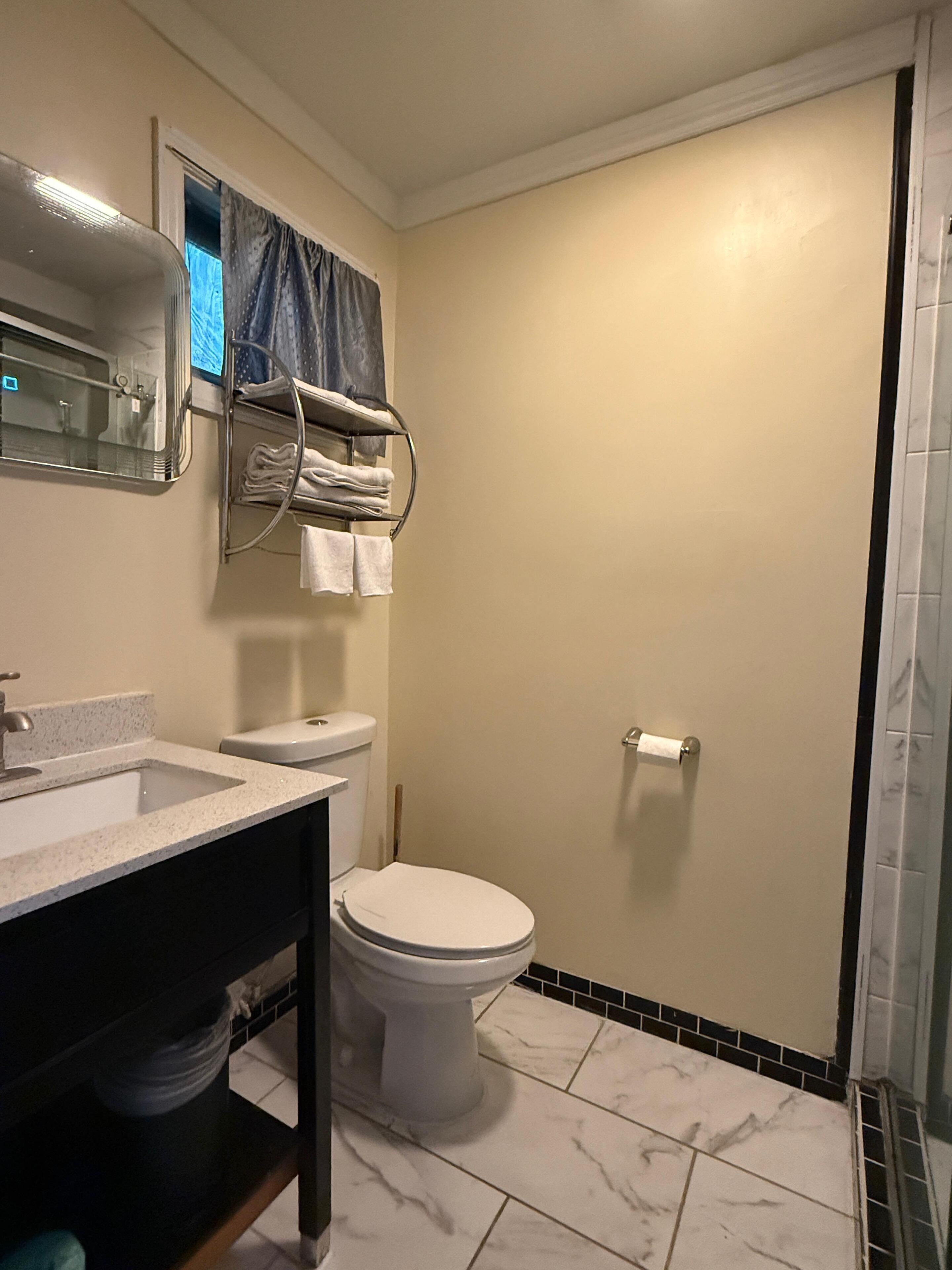 A bathroom with a sink, toilet, and towel rack.