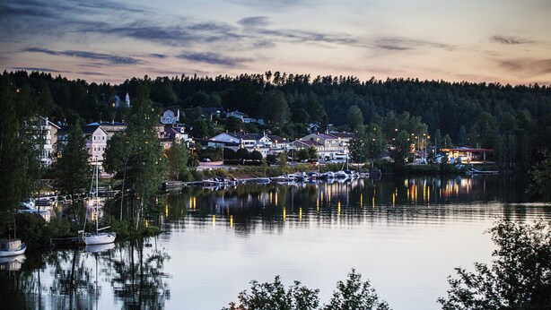 Un pueblo a orillas del lago con casas y barcos.