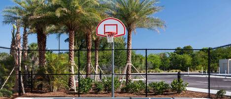 An outdoor basketball court surrounded by a chain-link fence, palm trees, and a clear blue sky.
