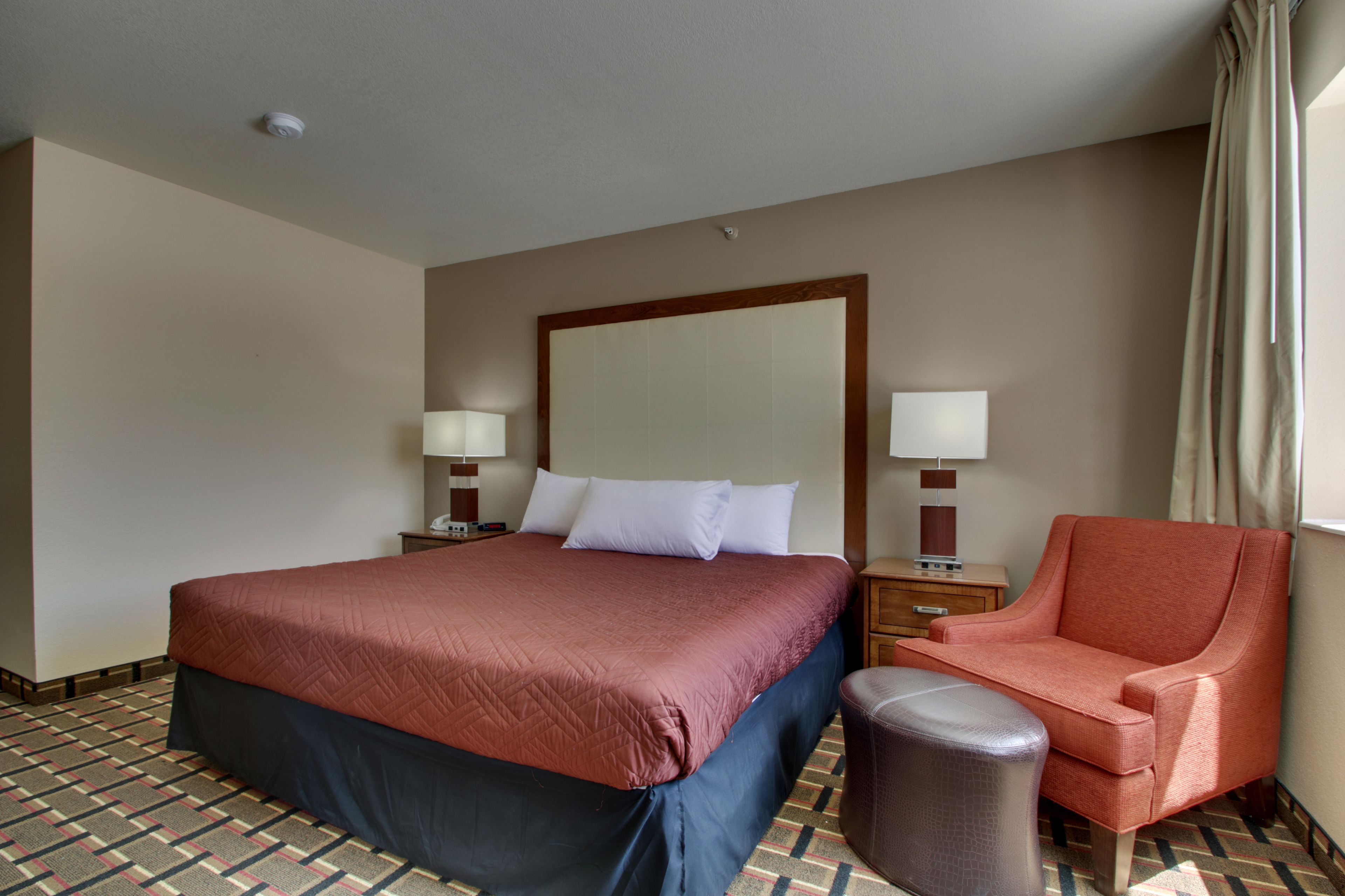 A hotel room with a large bed, a chair, a trash bin, and a nightstand with lamps.