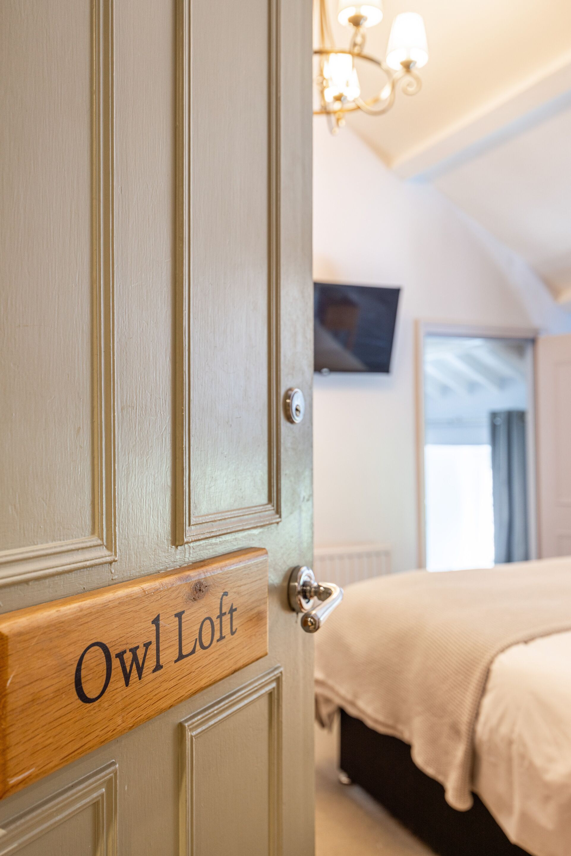 A wooden door with a sign reading "Owl Loft."