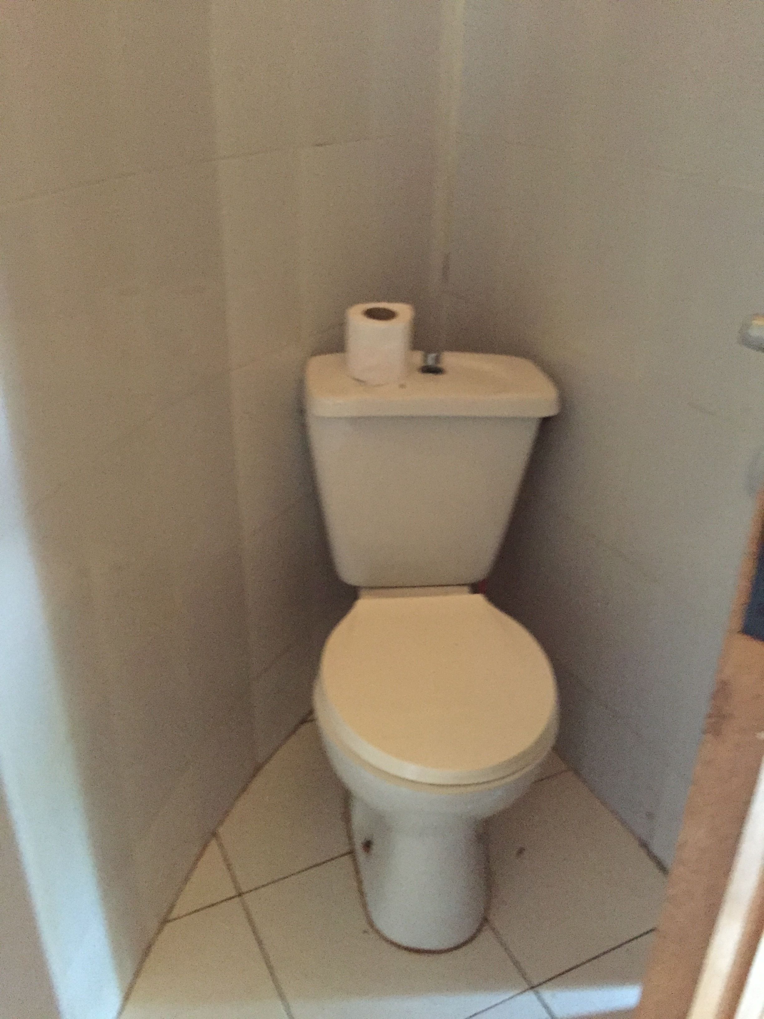 A small, narrow bathroom with a toilet and a roll of toilet paper on the tank.