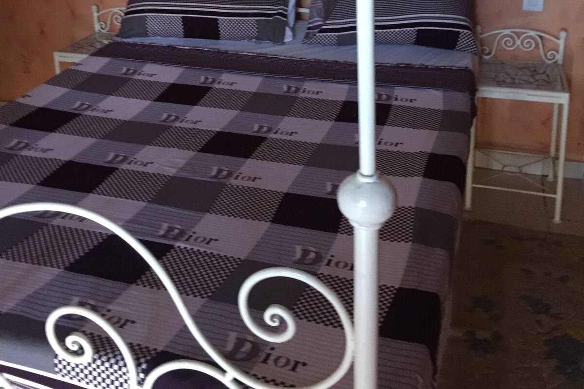A bed with a checkered bedspread, a canopy, and a metal headboard.