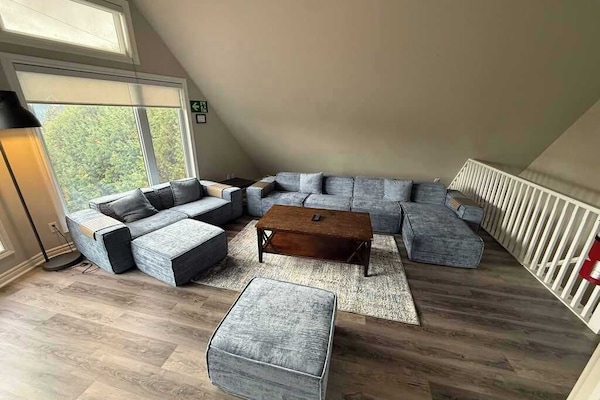 Flat-screen TV, fireplace, video-game console, Netflix