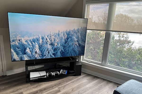 Televisión de pantalla plana, chimenea, consola de videojuegos, Netflix