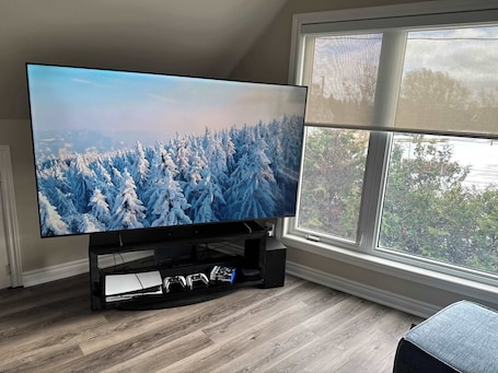 Televisión de pantalla plana, chimenea, consola de videojuegos, Netflix