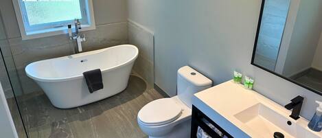 A modern bathroom with a freestanding bathtub, a toilet, and a sink with a mirror.