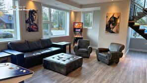 Grand Chalet, Private Pool, Mountain View | Living area | 85-inch flat-screen TV with digital channels, TV, fireplace