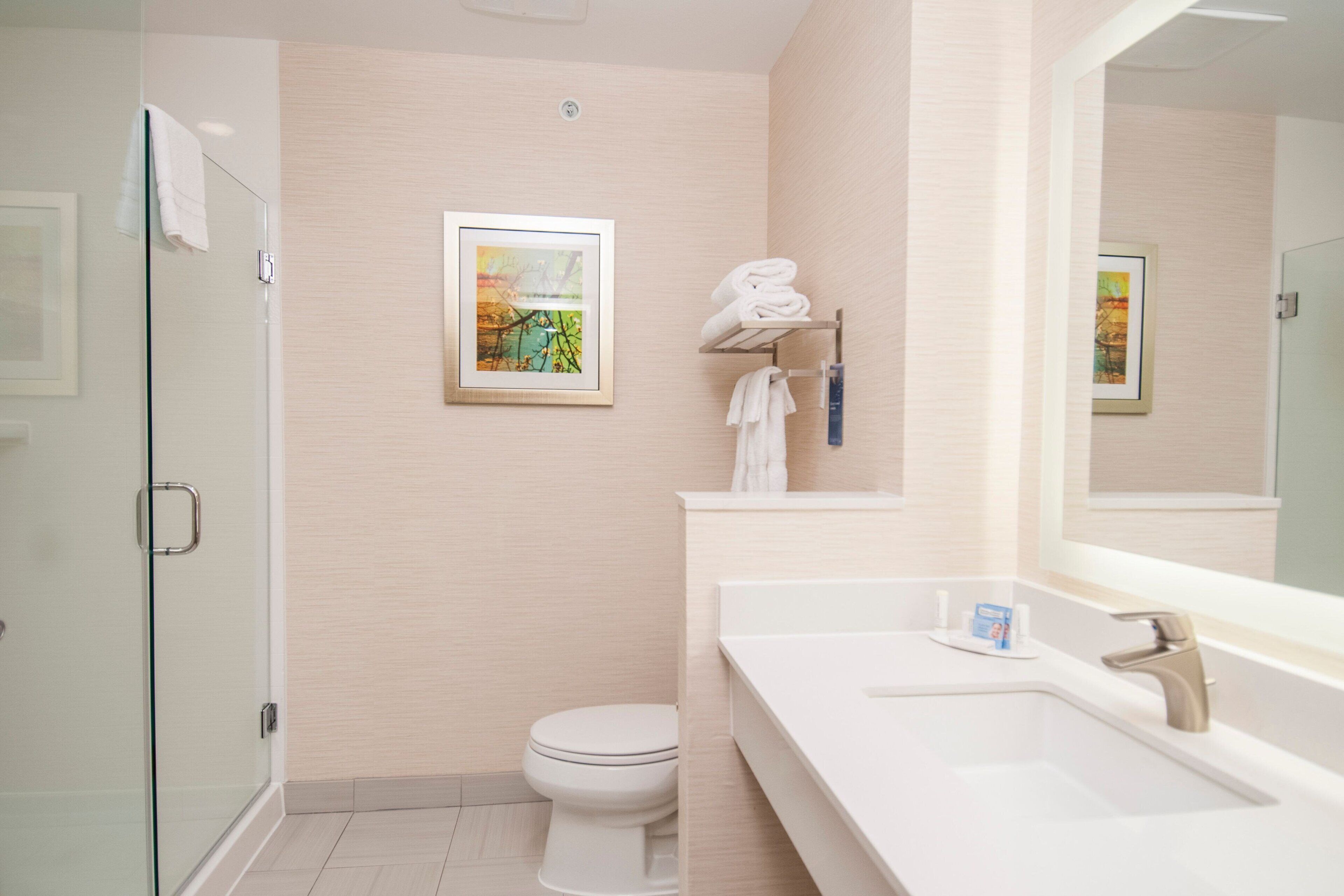 shower, free toiletries, hair dryer, towels