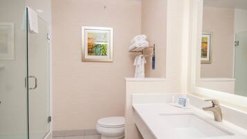 A modern bathroom with a glass shower enclosure, a white toilet, a large mirror, and a white sink with a faucet.