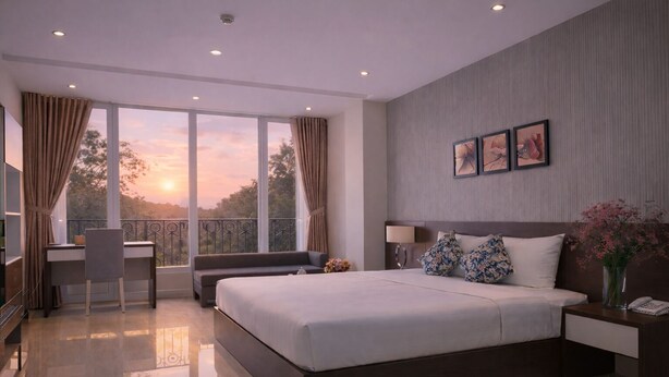 Un dormitorio moderno con una cama grande, un escritorio y vistas al atardecer a través de amplias ventanas.