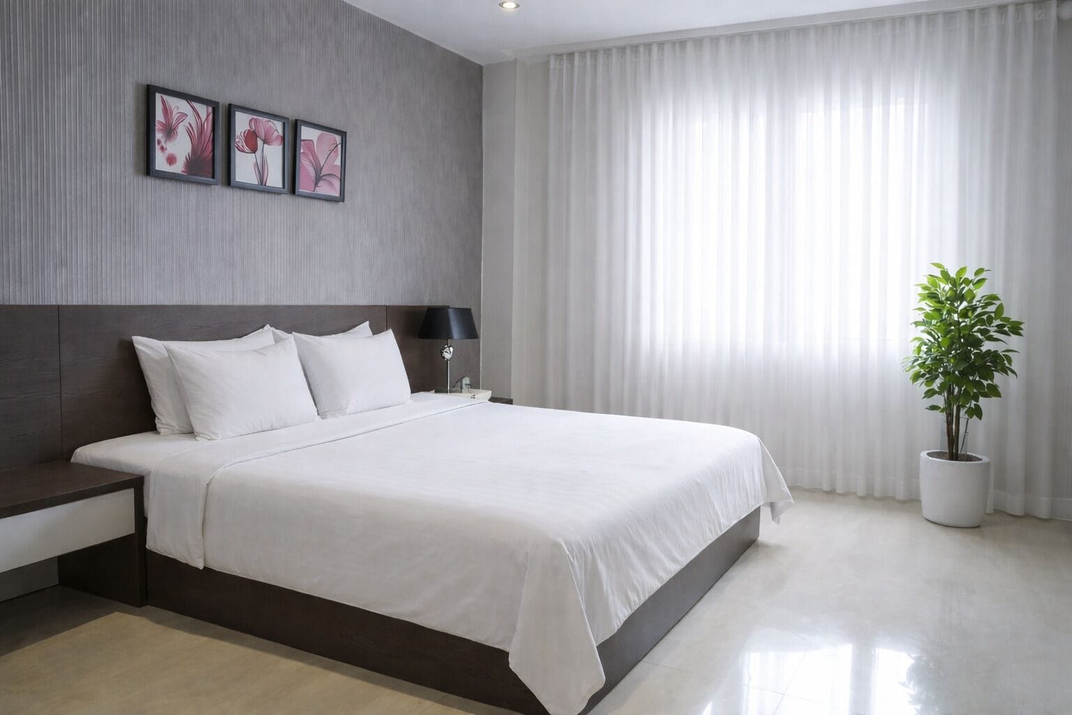 A modern hotel room with a large bed, a nightstand, a potted plant, and a window with sheer curtains.