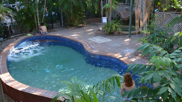 A swimming pool with a tiled edge, surrounded by greenery and a fence. - Frogshollow Backpackers (Darwin)