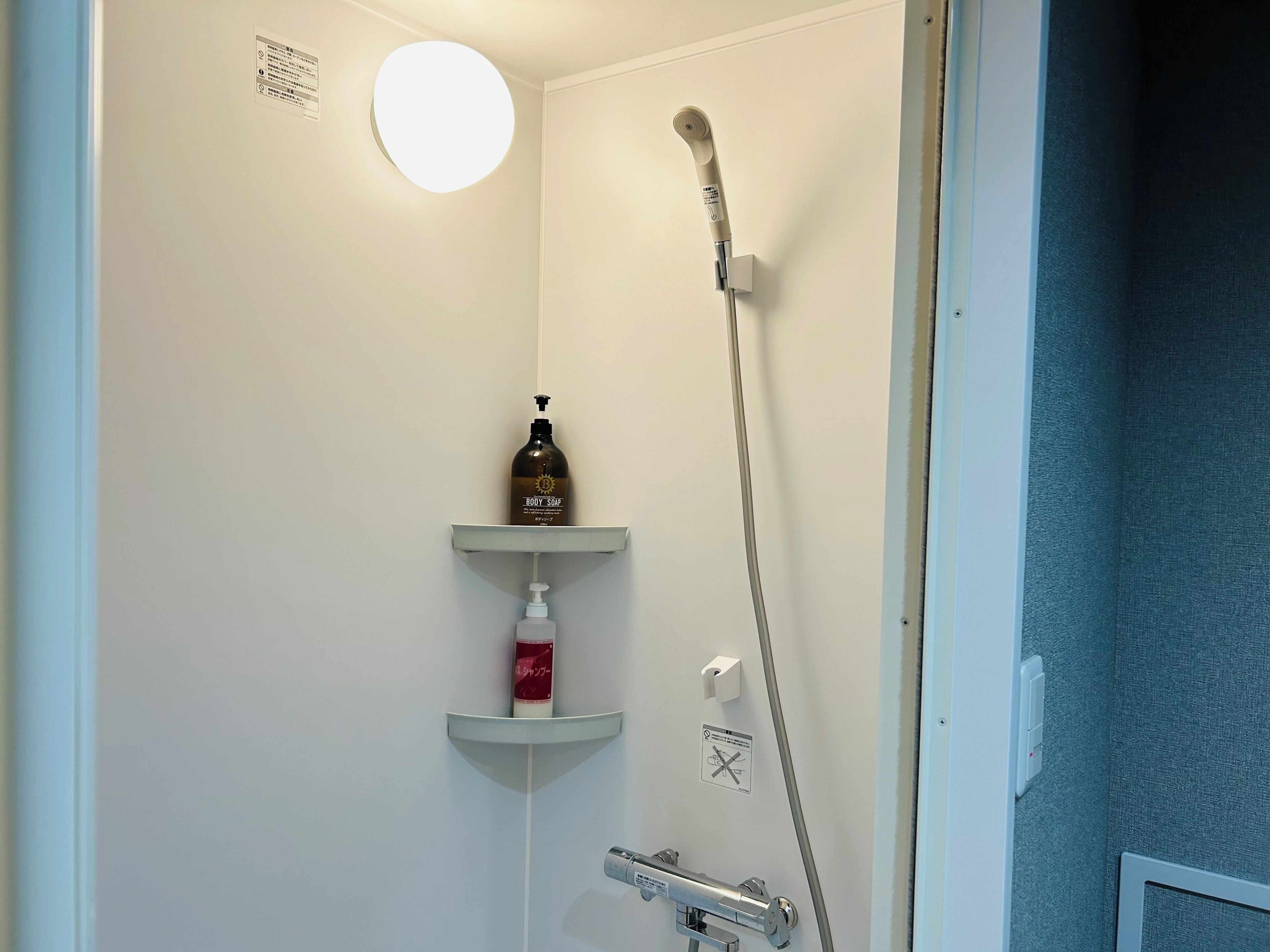 A bathroom with a shower, a soap dispenser, and a towel rack.