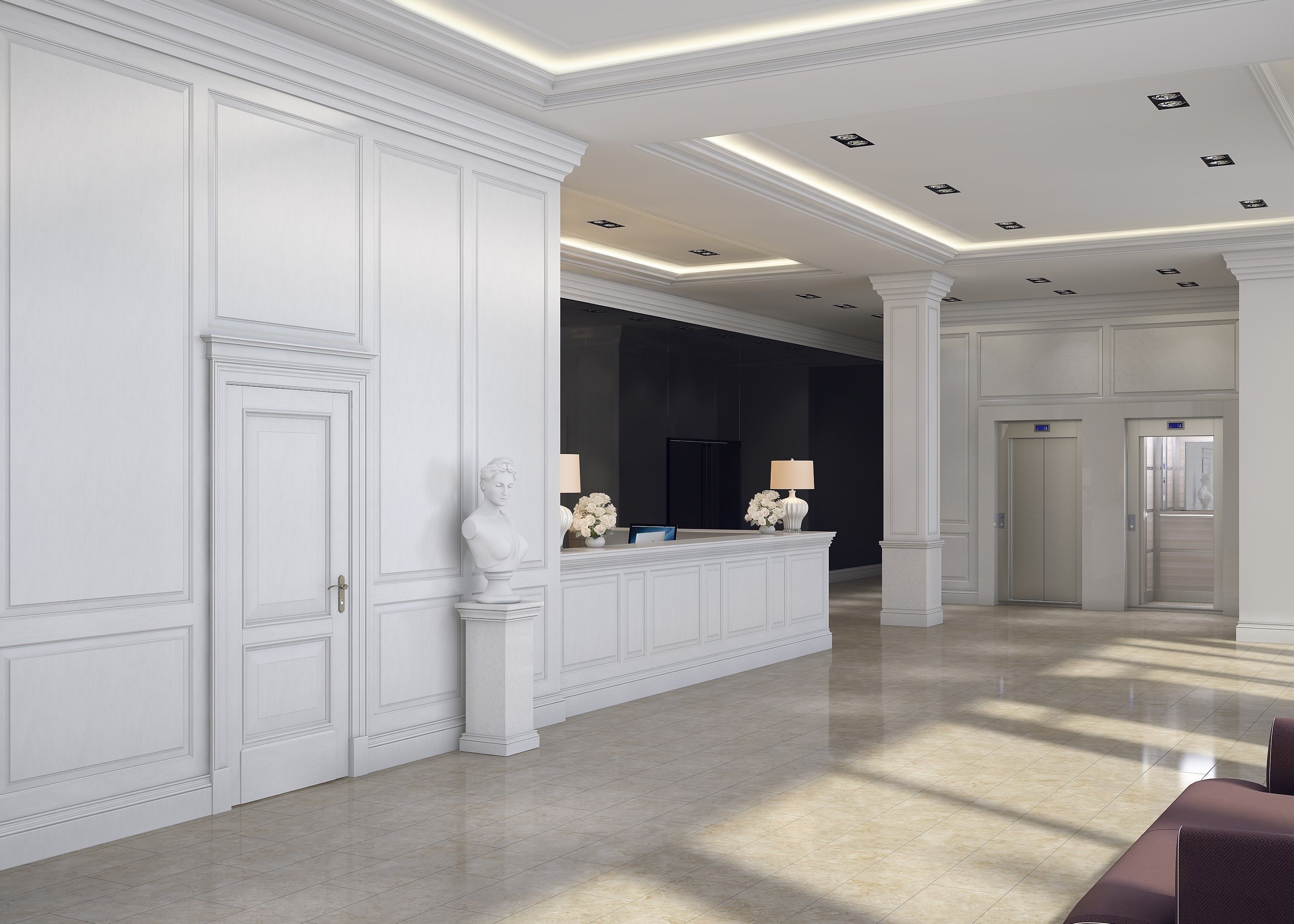 Eine großzügige Lobby mit Marmorboden, weißer Wandverkleidung und einem Empfangstresen mit Büsten-Skulptur.