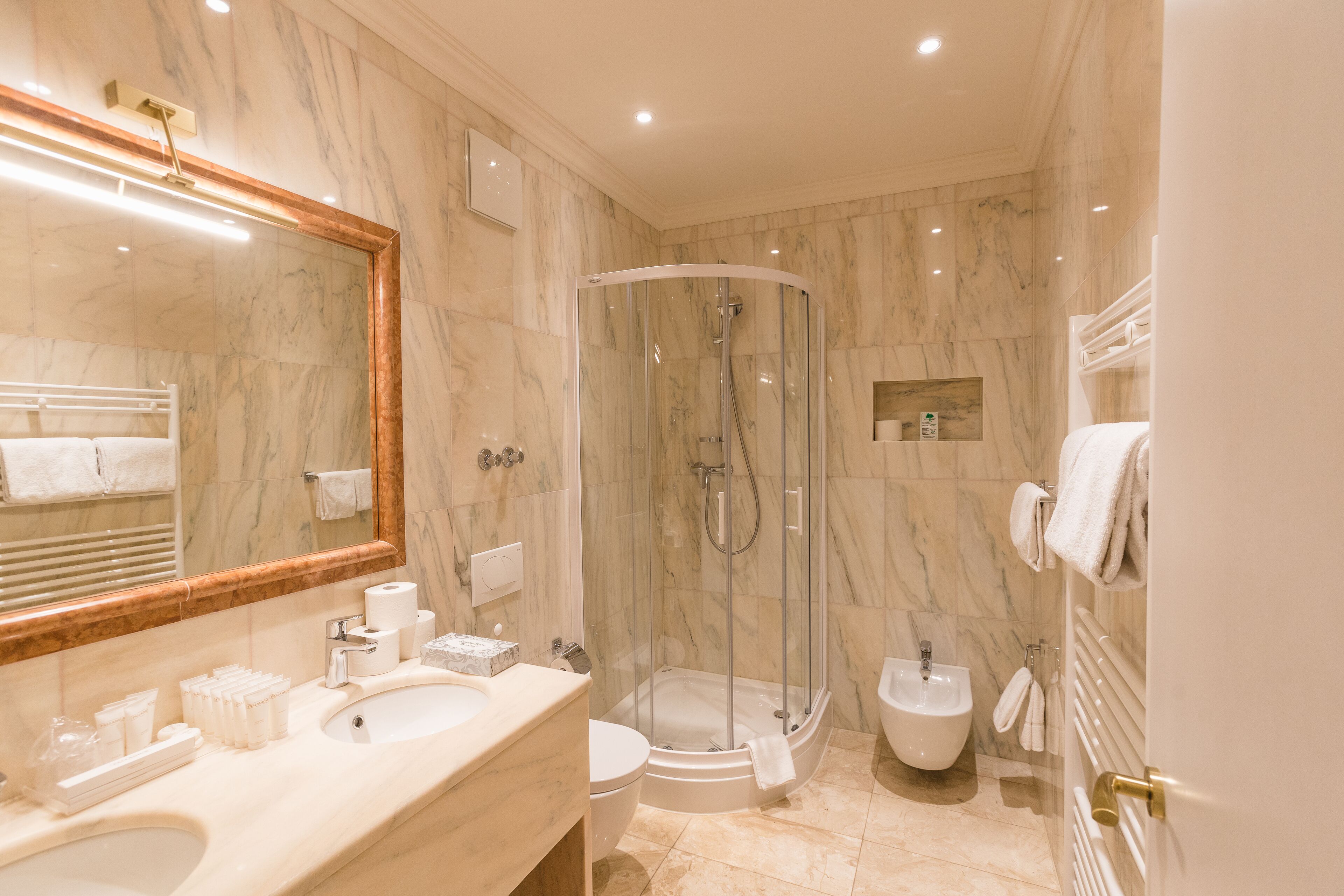 free toiletries, hair dryer, bathrobes, towels