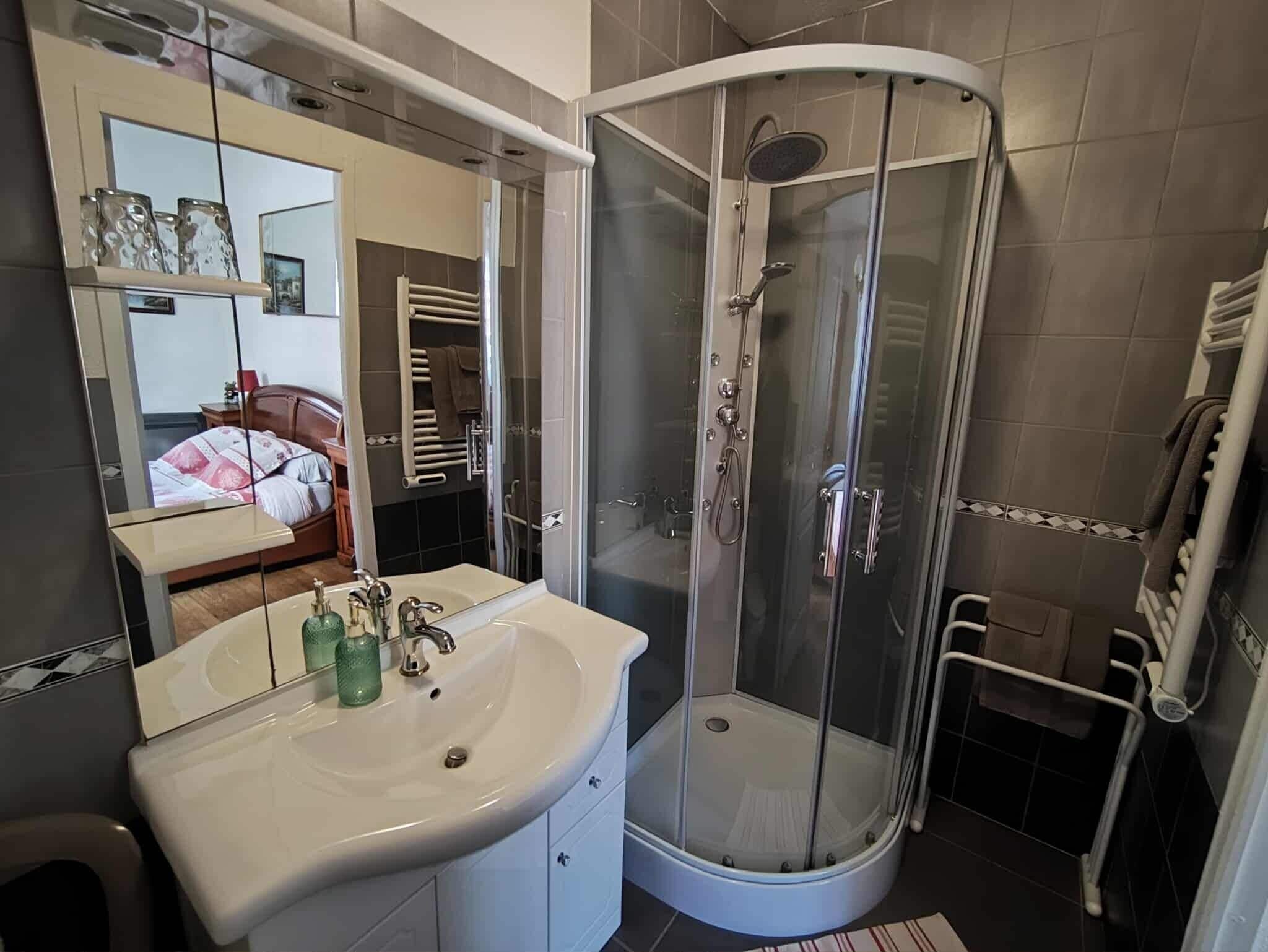 Comfort-Doppelzimmer, mit Bad, Gartenblick (La Grenouille Verte) | Badezimmer | Haartrockner, Handtücher, Seife, Shampoo