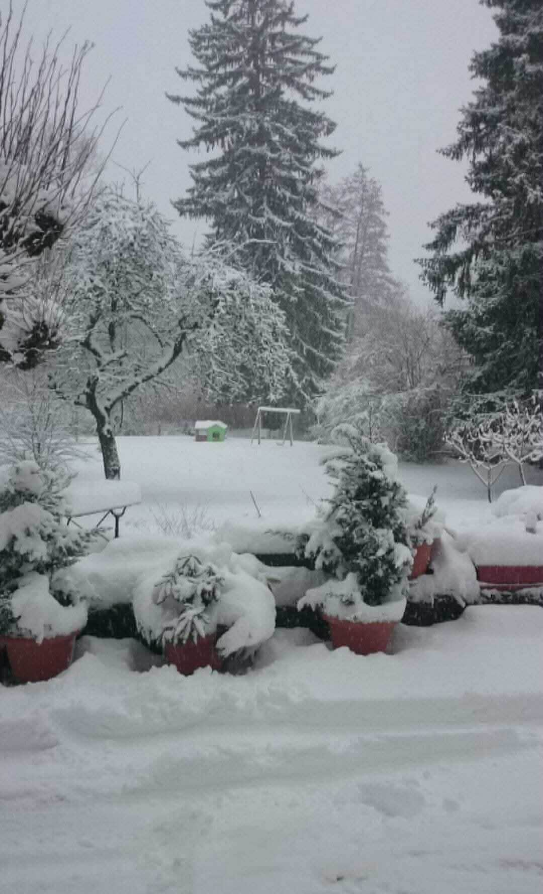 A snowy garden with potted plants and a swing set.