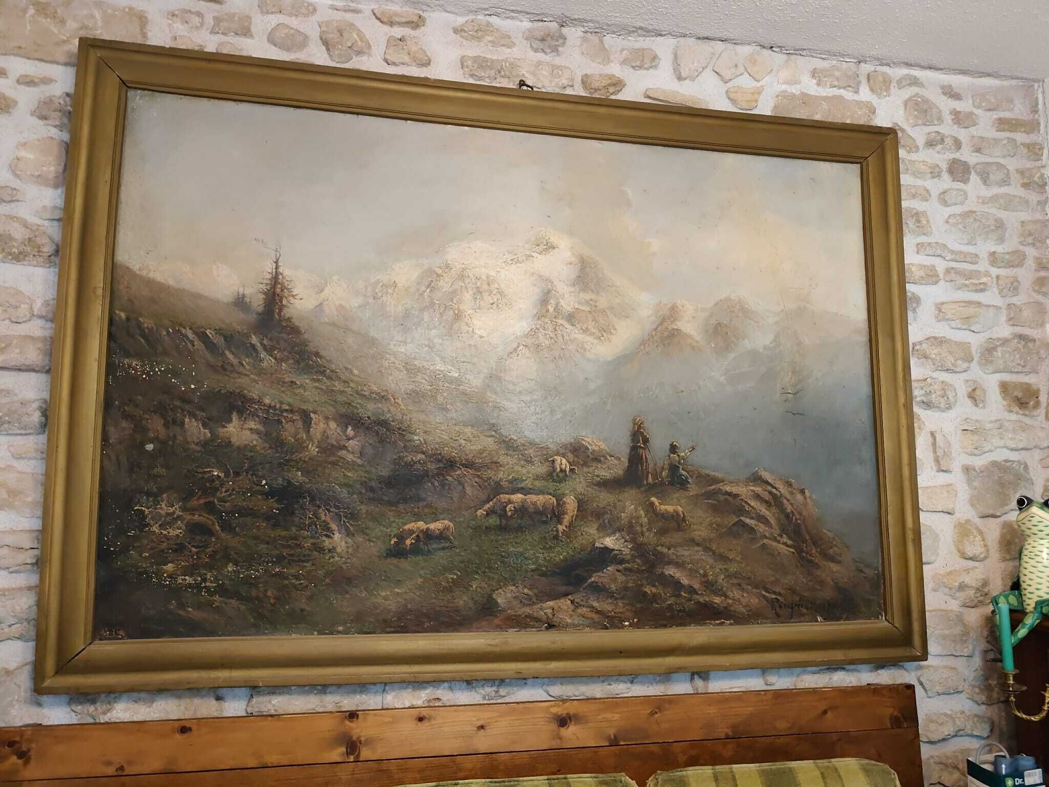 A painting of a mountainous landscape with a wooden bench in front.
