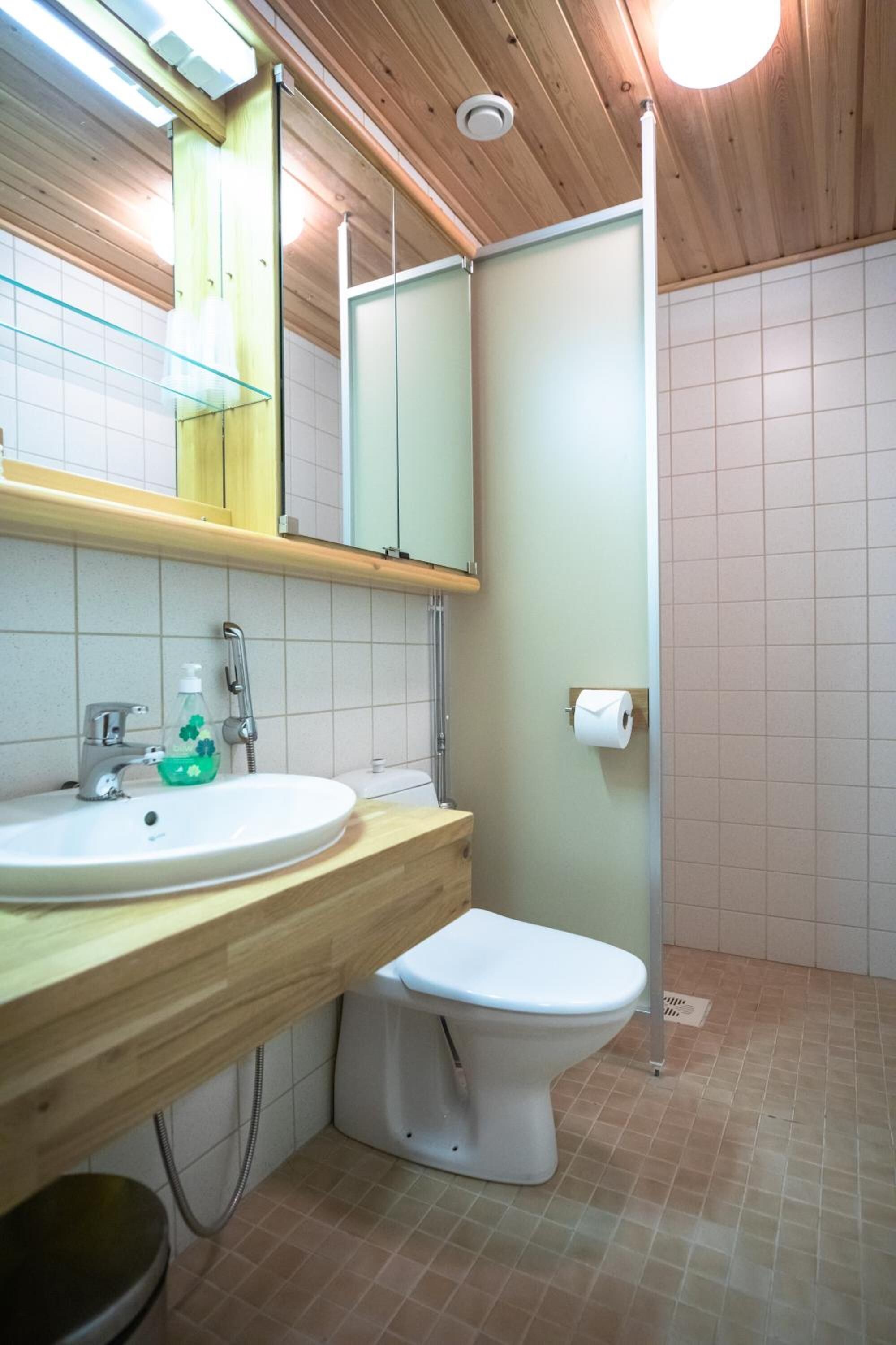 Une salle de bain avec un meuble-lavabo en bois, un lavabo blanc, des toilettes et un miroir.