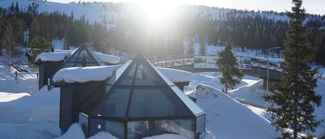 A modern building with a glass roof amidst a snowy landscape, surrounded by trees and a clear sky.