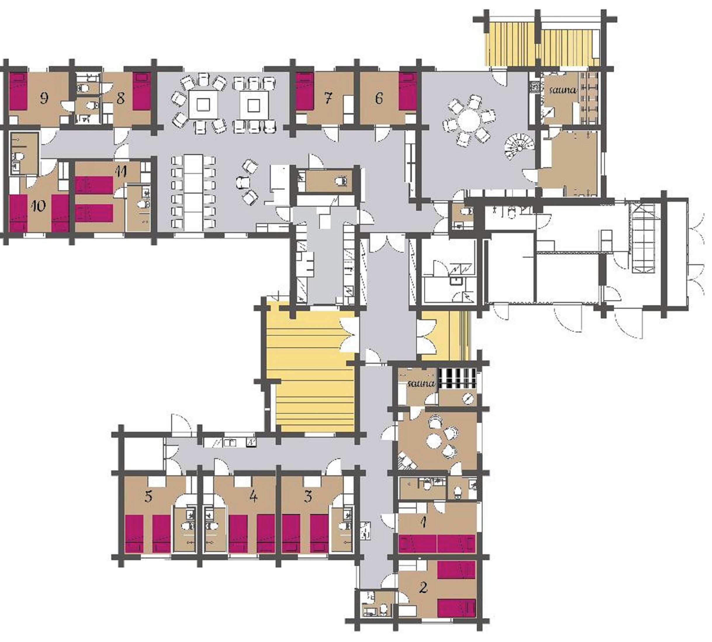 A hotel floor plan with multiple rooms, a sauna, and a dining area.